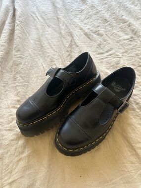 NWOT Dr. Martens Black Leather Mary Jane Platform Shoes with Yellow Stitching